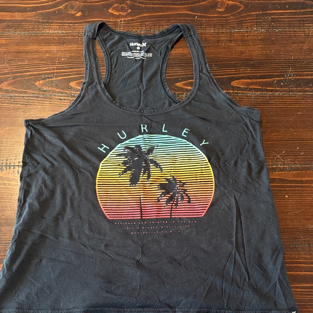 Hurley Black Racerback Tank with Sunset Palm Circle